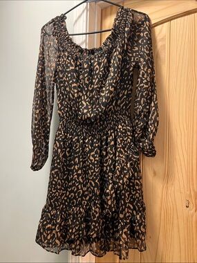 Fate Black and Tan Leopard Print Smocked Waist Long Sleeve Dress